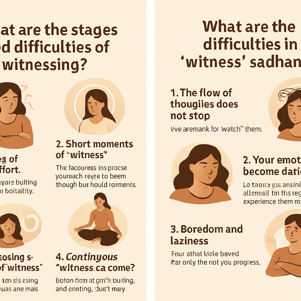 What are the stages and difficulties of witnessing?:Discover the transformative journey of witnessing, a profound meditative practice. Learn about the stages of witnessing, natural difficulties encountered along the way, and practical tips to cultivate a deeper state of awareness. Understand how simple observation can dissolve inner restlessness and heal emotional wounds, leading you to a peaceful, ego-free existence. Start your beautiful journey into your true self today!